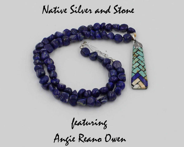 Angie Reano Owen<br>Santo Domingo/Kewa<br>Lapis Lazuli Bead Necklace<br>Turquoise, Lapis, & Shell Pendant