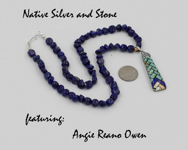 Angie Reano Owen<br>Santo Domingo/Kewa<br>Lapis Lazuli Bead Necklace<br>Turquoise, Lapis, & Shell Pendant