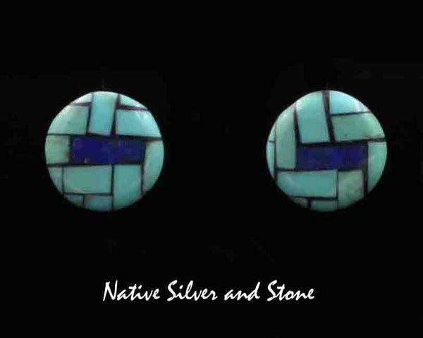 Z Angie Reano Owen<br>Ke-Wa/Santo Domingo<br>Earrings - 1/2" Round "Buttons"<br>Blue & Green Turquoise, Lapis Lazuli<br>Multi-Inlay Mosaic <br>Post