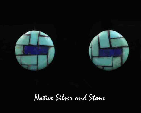 Z Angie Reano Owen<br>Ke-Wa/Santo Domingo<br>Earrings - 1/2" Round "Buttons"<br>Blue & Green Turquoise, Lapis Lazuli<br>Multi-Inlay Mosaic <br>Post