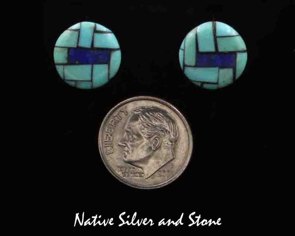 Z Angie Reano Owen<br>Ke-Wa/Santo Domingo<br>Earrings - 1/2" Round "Buttons"<br>Blue & Green Turquoise, Lapis Lazuli<br>Multi-Inlay Mosaic <br>Post