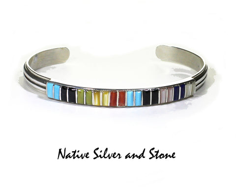 Z Anthony Dewa - Zuni<br>Bracelet Cuff 1/4" Channel Inlay<br>10 Multistone Banded Rectangles<br>Sterling Silver<br>Fits Size 6-5/8 to 6-3/4