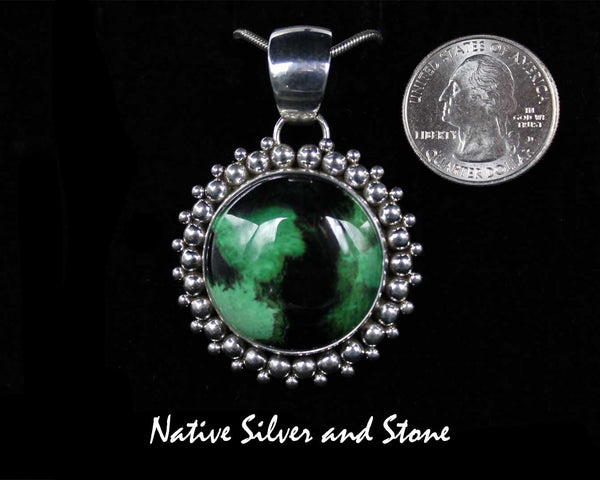 Z Artie Yellowhorse - Navajo<br>PGGBB<br>1-1/2" Pendant<br>27mm Green Garnet Round<br>Burst Beads/Scatterdot<br>Sterling Silver