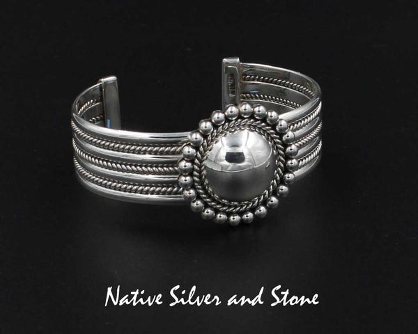 Artie Yellowhorse - Navajo<br>3/4" Bracelet Cuff<br>Twist & Rail<br>1-3/16" Round Dome<br>Single Twist & Bead<br>Sterling Silver<br>Size 6-5/16 (Medium)