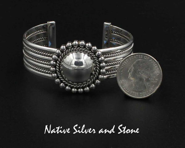 Artie Yellowhorse - Navajo<br>3/4" Bracelet Cuff<br>Twist & Rail<br>1-3/16" Round Dome<br>Single Twist & Bead<br>Sterling Silver<br>Size 6-5/16 (Medium)