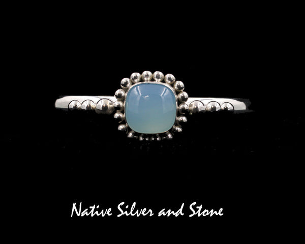 Z Artie Yellowhorse - Navajo<br>BCCHSB<br>1/4"  Bracelet Cuff<br>12mm Chalcedony Square<br>Frosted Green<br>Single Bead<br>3 Bead Flanks<br>Sterling Silver<br>Size 5-7/8 (Small-Medium)