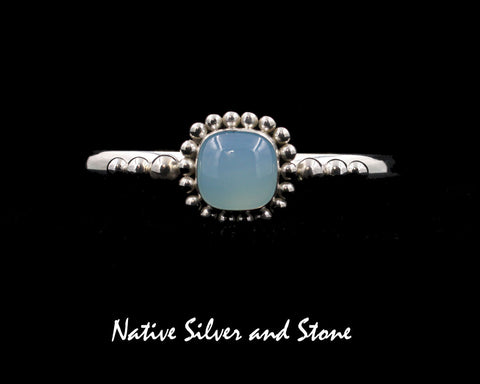 Z Artie Yellowhorse - Navajo<br>BCCHSB<br>1/4"  Bracelet Cuff<br>12mm Chalcedony Square<br>Frosted Green<br>Single Bead<br>3 Bead Flanks<br>Sterling Silver<br>Size 5-7/8 (Small-Medium)