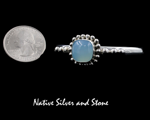 Z Artie Yellowhorse - Navajo<br>BCCHSB<br>1/4"  Bracelet Cuff<br>12mm Chalcedony Square<br>Frosted Green<br>Single Bead<br>3 Bead Flanks<br>Sterling Silver<br>Size 5-7/8 (Small-Medium)