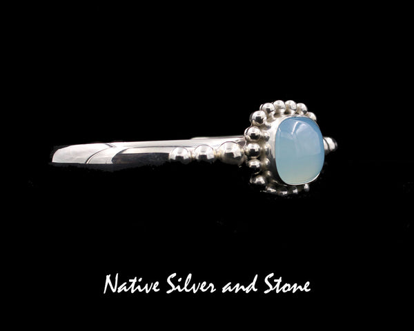 Z Artie Yellowhorse - Navajo<br>BCCHSB<br>1/4"  Bracelet Cuff<br>12mm Chalcedony Square<br>Frosted Green<br>Single Bead<br>3 Bead Flanks<br>Sterling Silver<br>Size 5-7/8 (Small-Medium)