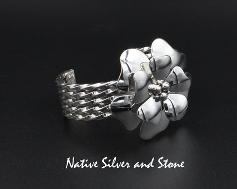 Z Artie Yellowhorse - Navajo<br>3/4" Bracelet Cuff<br>Large 3D Dogwood Flower<br>5 Twist Rail Band<br>Sterling Silver<br>Size 6-5/16"