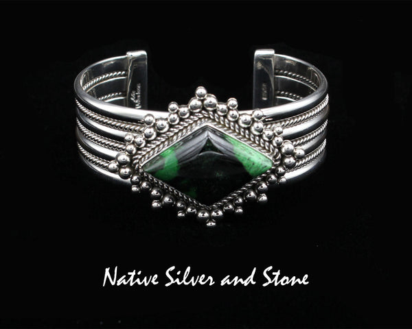 Artie Yellowhorse - Navajo<br>Green Garnet<br>SET<br>Cuff Bracelet - Diamond Design<br>Pendant -Triangle<br>Sterling Silver