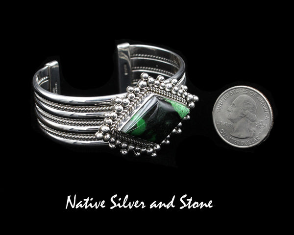 Artie Yellowhorse - Navajo<br>Green Garnet<br>SET<br>Cuff Bracelet - Diamond Design<br>Pendant -Triangle<br>Sterling Silver