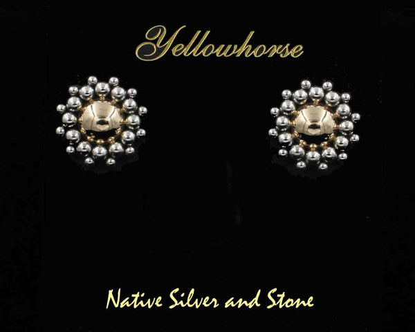 Z Artie Yellowhorse - Navajo Jewelry<br>Earrings - Post -14K Gold & Silver<br>3/4" Diameter Domes with Mixed Bead Perimeter