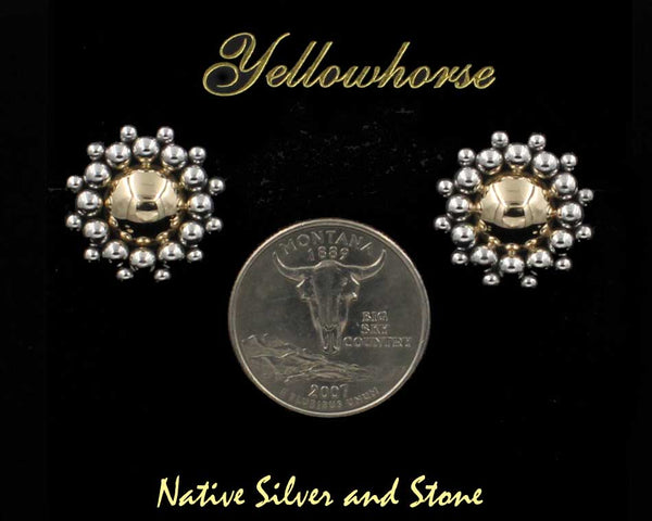 Z Artie Yellowhorse - Navajo Jewelry<br>Earrings - Post -14K Gold & Silver<br>3/4" Diameter Domes with Mixed Bead Perimeter