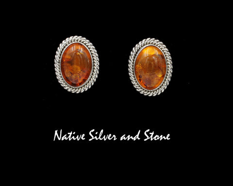 Artie Yellowhorse - Navajo<br>ERA2DT<br>3/4"  Earrings<br>14mm x 10mm Amber Oval<br>Double Twist - Large & Small<br>Post<br>Sterling Silver