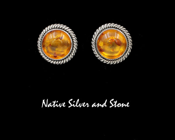 Z Artie Yellowhorse - Navajo<br>11/16"  Earrings<br>12mm Amber Round<br>Double Twist - Large & Small<br>Post<br>Sterling Silver