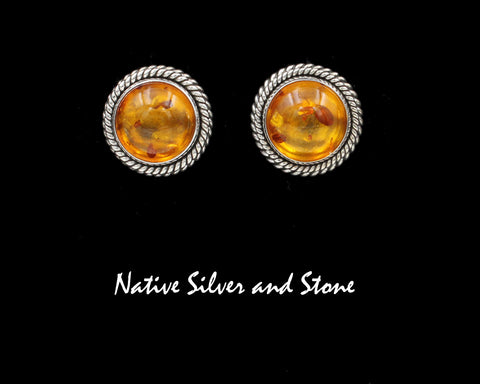 Z Artie Yellowhorse - Navajo<br>11/16"  Earrings<br>12mm Amber Round<br>Double Twist - Large & Small<br>Post<br>Sterling Silver