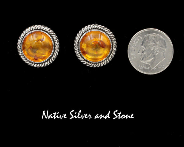 Z Artie Yellowhorse - Navajo<br>11/16"  Earrings<br>12mm Amber Round<br>Double Twist - Large & Small<br>Post<br>Sterling Silver