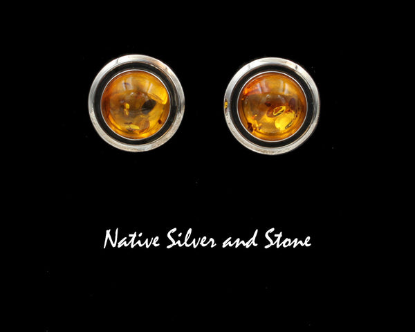 Z Artie Yellowhorse - Navajo<br>11/16"  Earrings<br>12mm Amber Round<br>Shadowbox<br>Post<br>Sterling Silver