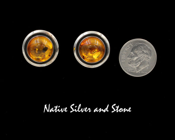 Z Artie Yellowhorse - Navajo<br>11/16"  Earrings<br>12mm Amber Round<br>Shadowbox<br>Post<br>Sterling Silver