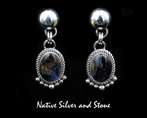 Z Artie Yellowhorse - Navajo<br>1-5/8" Pietersite Earrings<br>14mm x 10mm Vertical Ovals<br>Blue, Gold, Black<br>Single Twist & 7 Beads<br>Dangle-Post<br>Sterling Silver