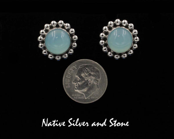 Z Artie Yellowhorse - Navajo<br>5/8" Earrings<br>Chalcedony Rounds<br>Frosted Green<br>Single Bead<br>Post<br>Sterling Silver