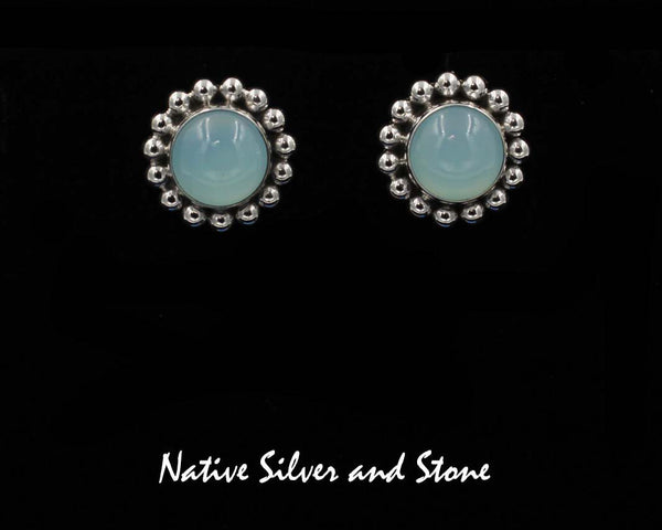Z Artie Yellowhorse - Navajo<br>5/8" Earrings<br>Chalcedony Rounds<br>Frosted Green<br>Single Bead<br>Post<br>Sterling Silver