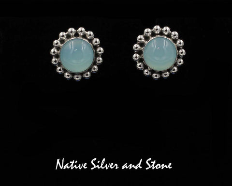 Z Artie Yellowhorse - Navajo<br>5/8" Earrings<br>Chalcedony Rounds<br>Frosted Green<br>Single Bead<br>Post<br>Sterling Silver