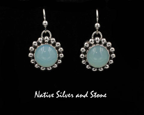 Z Artie Yellowhorse - Navajo<br>5/8" Earrings<br>Chalcedony Rounds<br>Frosted Green<br>Single Bead<br>Hook<br>Sterling Silver