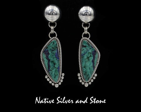 Z Artie Yellowhorse - Navajo<br>1-7/16" Earrings<br>Malachite-Azurite-Chrysocolla<br>Elongated Freeform Triangle<br>Dome Top<br>Twist & 9 Beads Accent<br>Dangle Post<br>Sterling Silver