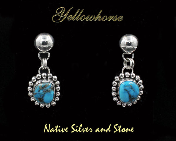 Z Artie Yellowhorse - Navajo<br>ERDPTSB<br>1-1/2" Earrings<br>13mm Freeform Cabochon<>Morenci Turquoise<br>Dome Top<br>Single Bead<br>Dangle Post<br>Sterling Silver