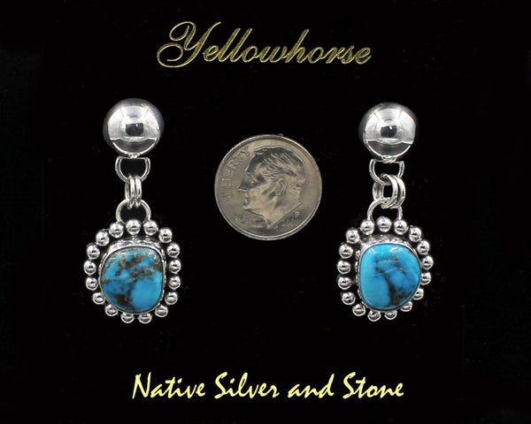 Z Artie Yellowhorse - Navajo<br>ERDPTSB<br>1-1/2" Earrings<br>13mm Freeform Cabochon<>Morenci Turquoise<br>Dome Top<br>Single Bead<br>Dangle Post<br>Sterling Silver