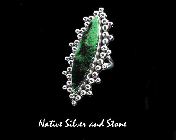 Z Artie Yellowhorse - Navajo<br>2" Ring<br>Green Garnet<br>Vertical Sharp Oval<br>Burst Beads/Scatterdot<br>Sterling Silver<br>Size 7-