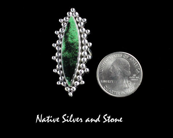 Z Artie Yellowhorse - Navajo<br>2" Ring<br>Green Garnet<br>Vertical Sharp Oval<br>Burst Beads/Scatterdot<br>Sterling Silver<br>Size 7-