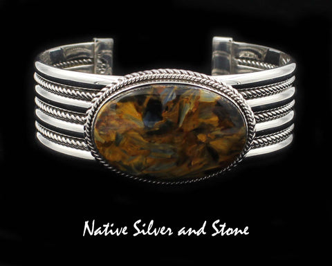 Z Artie Yellowhorse - Navajo<br>1-1/2" Bracelet Cuff<br>Brown Pietersite/Pietercite Horizontal Oval<br>Double Twist, Large & Small<br>Sterling Silver<br>Size 6-1/2 (Medium)