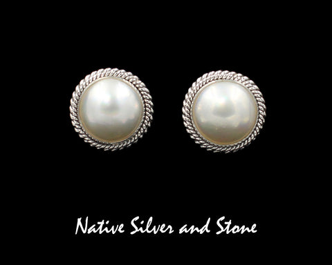 Z Artie Yellowhorse - Navajo<br>3/4" Earrings<br>13mm White<br>Freshwater Pearl<br>Double Twist - Large & Small<br>Post<br>Sterling Silver