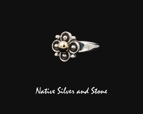 Artie Yellowhorse - Navajo<br>5/8" Ring<br>4 Leaf Clover/Flower - Small<br>Shadowbox<br>Sterling Silver - 14k GOLD<br>Sizes: 8