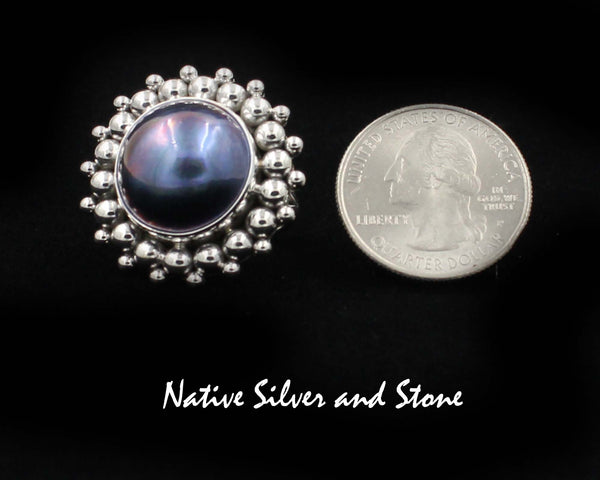 Artie Yellowhorse - Navajo<br>1-1/8" Ring<br>17mm Dark Grey-Blue<br>Mabe Pearl<br>Burst Bead<br>Sterling Silver<br>Size 8