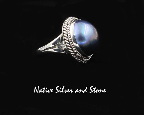 Artie Yellowhorse - Navajo<br>7/8" Ring<br>17mm Dark Grey-Blue<br>Mabe Pearl<br>Double Twist<br>Sterling Silver<br>Size 7-1/4