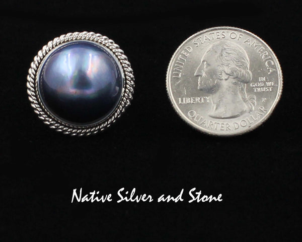 Artie Yellowhorse - Navajo<br>7/8" Ring<br>17mm Dark Grey-Blue<br>Mabe Pearl<br>Double Twist<br>Sterling Silver<br>Size 7-1/4