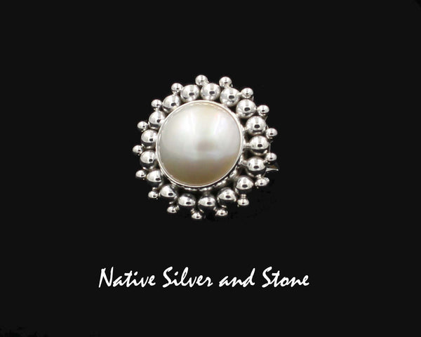 Z Artie Yellowhorse - Navajo<br>RGPBB<br>1-1/8" Ring<br>16mm White<br>Mabe Pearl<br>Burst Bead<br>Sterling Silver<br>Size: 8