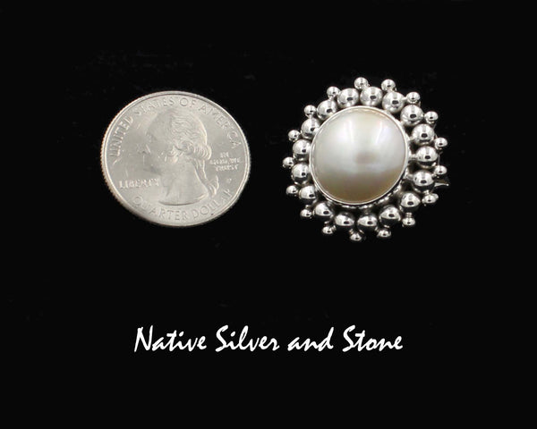 Z Artie Yellowhorse - Navajo<br>RGPBB<br>1-1/8" Ring<br>16mm White<br>Mabe Pearl<br>Burst Bead<br>Sterling Silver<br>Size: 8