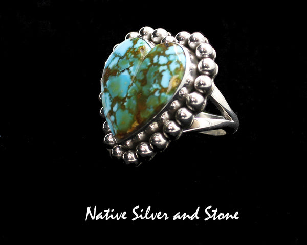 Z Artie Yellowhorse - Navajo<br>RGTSB<br>1-1/16" Ring<br>20mm Kingman Blue & Green Turquoise Heart<br>Single Bead<br>Sterling Silver<br>Size 7-3/4
