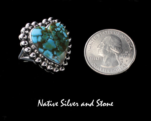 Z Artie Yellowhorse - Navajo<br>RGTSB<br>1-1/16" Ring<br>20mm Kingman Blue & Green Turquoise Heart<br>Single Bead<br>Sterling Silver<br>Size 7-3/4
