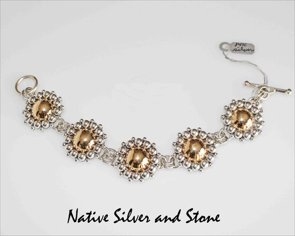 Z Artie Yellowhorse - Navajo Jewelry<br>Link Bracelet -14K Gold & Silver<br>15/16" Diameter Domes<br>Multi-Bead Perimeter<br>Size ~6-1/2" to 6-7/8"