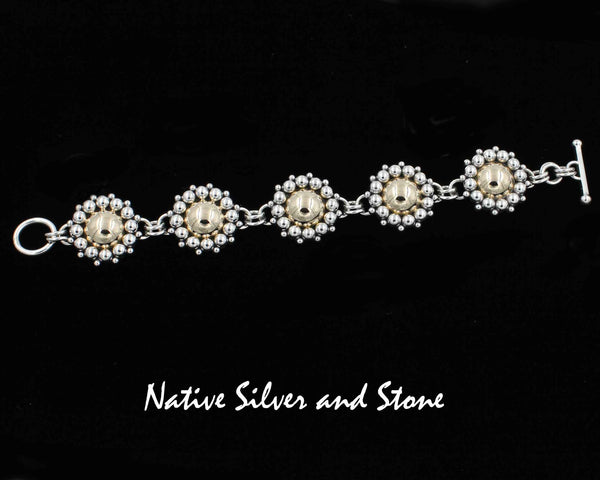 Z Artie Yellowhorse - Navajo Jewelry<br>Link Bracelet -14K Gold & Silver<br>15/16" Diameter Domes<br>Multi-Bead Perimeter<br>Size ~6-1/2" to 6-7/8"