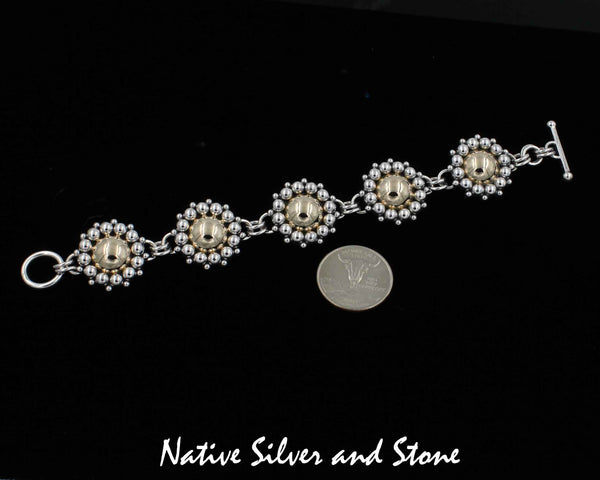 Z Artie Yellowhorse - Navajo Jewelry<br>Link Bracelet -14K Gold & Silver<br>15/16" Diameter Domes<br>Multi-Bead Perimeter<br>Size ~6-1/2" to 6-7/8"