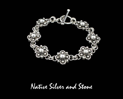 Artie Yellowhorse - Navajo<br>Bracelet Link<br>5/8" Small 4 Leaf Clover/Flower<br>Shadowbox All-Silver<br>Sterling Silver<br>Size: Medium (adjustable)
