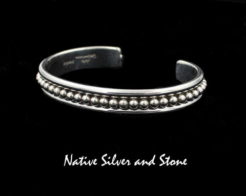 Artie Yellowhorse - Navajo<br>3/8" Bracelet Cuff<br>1/8" Small Beads/Dots<br>1 Row - 2 Rails (Rounded)<br>Sterling Silver<br>Size 6-1/2 (Medium)