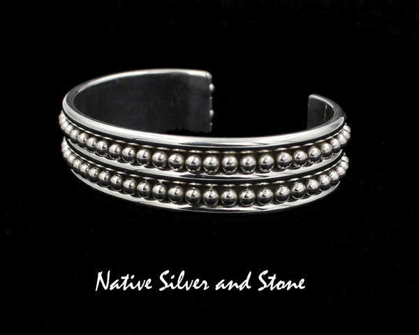 Z Artie Yellowhorse - Navajo<br>5/8" Bracelet Cuff<br>1/8" Small Beads/Dots<br>2 Rows - 3 Rails (Rounded)<br>Sterling Silver<br>Size 6-5/16 (Medium)